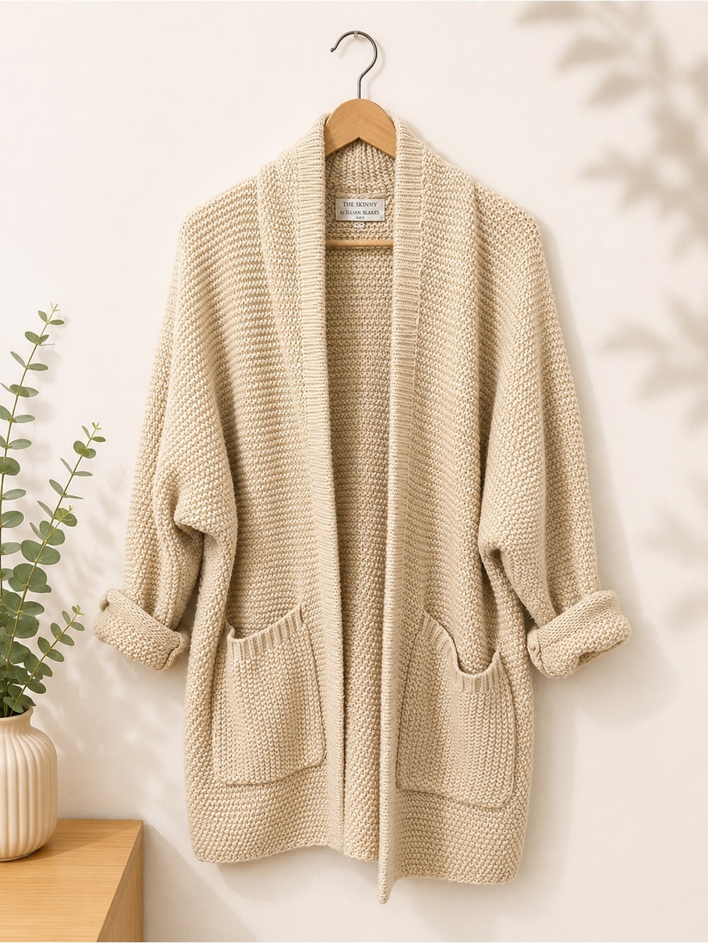 Relaxed Open-Front Cream Cardigan with Patch Pockets